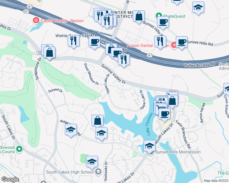 map of restaurants, bars, coffee shops, grocery stores, and more near 2020 Headlands Circle in Reston