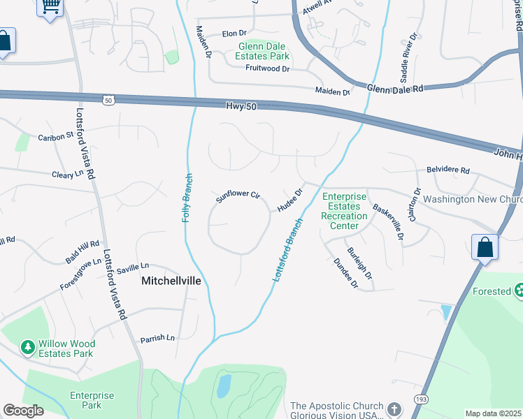 map of restaurants, bars, coffee shops, grocery stores, and more near 3800 Sunflower Circle in Bowie