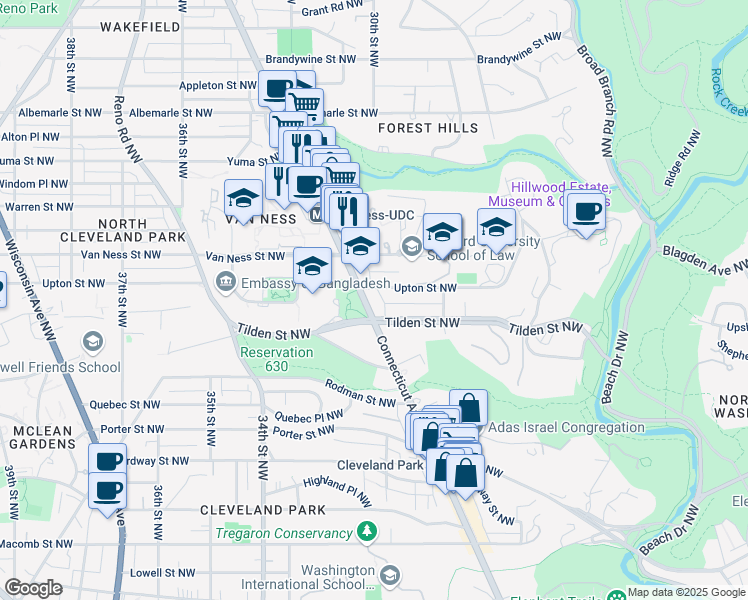 map of restaurants, bars, coffee shops, grocery stores, and more near 4025 Connecticut Avenue Northwest in Washington
