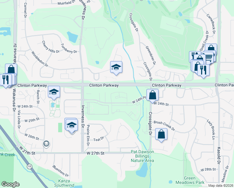 map of restaurants, bars, coffee shops, grocery stores, and more near 4100 West 24th Place in Lawrence