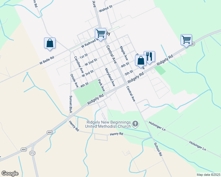 map of restaurants, bars, coffee shops, grocery stores, and more near 505 Maryland Avenue in Ridgely