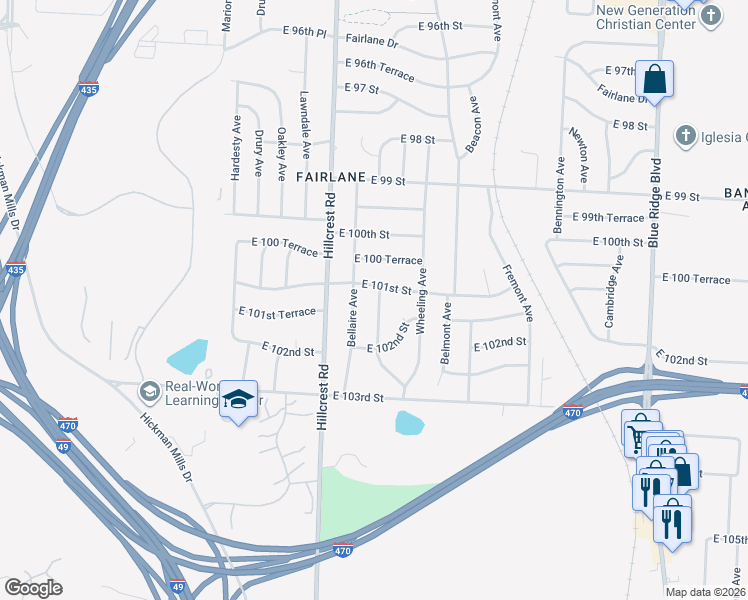 map of restaurants, bars, coffee shops, grocery stores, and more near 10107 Bellaire Avenue in Kansas City