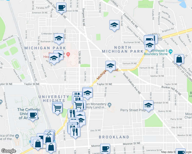 map of restaurants, bars, coffee shops, grocery stores, and more near 4224 13th Place Northeast in Washington