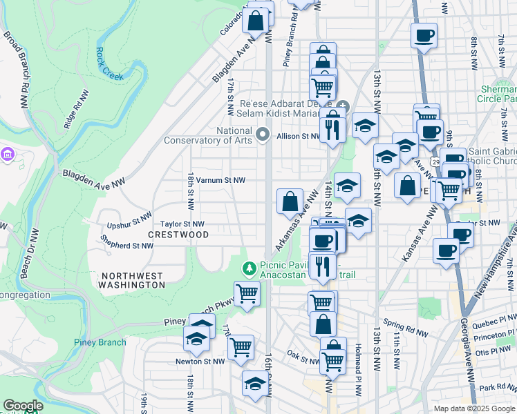 map of restaurants, bars, coffee shops, grocery stores, and more near 1604 Upshur Street Northwest in Washington