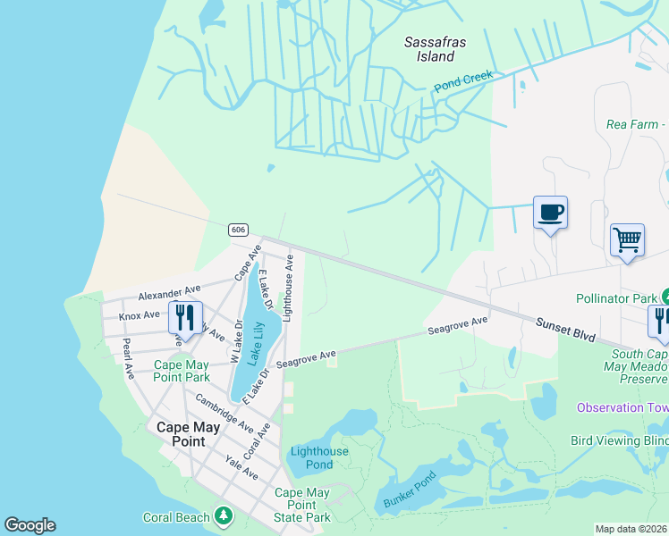 map of restaurants, bars, coffee shops, grocery stores, and more near 608 Sunset Boulevard in Cape May