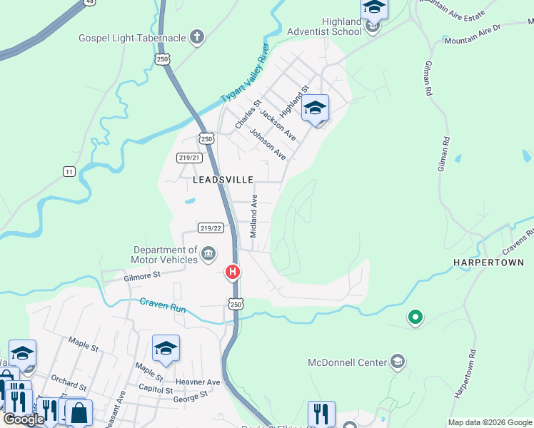 map of restaurants, bars, coffee shops, grocery stores, and more near 200-204 Midland Ave in Elkins