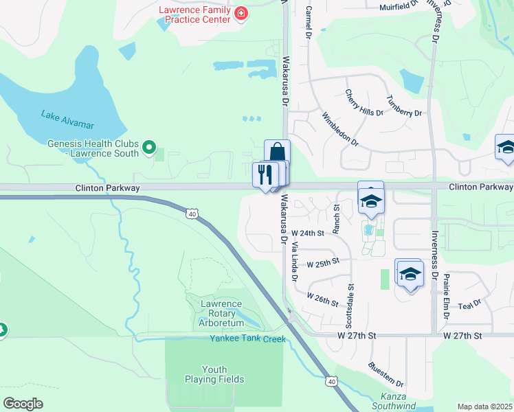 map of restaurants, bars, coffee shops, grocery stores, and more near 4974 Stoneback Dr in Lawrence