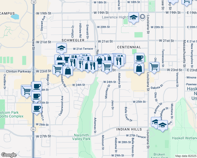 map of restaurants, bars, coffee shops, grocery stores, and more near 1110 West 24th Street in Lawrence