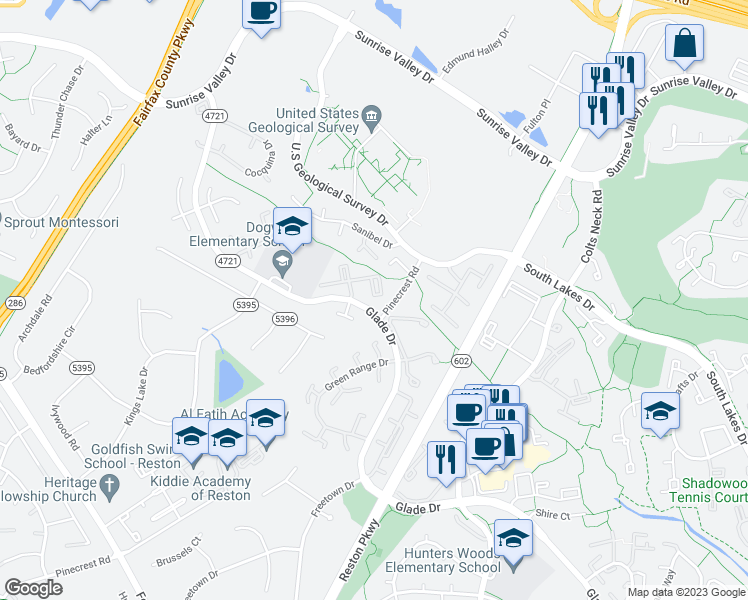 map of restaurants, bars, coffee shops, grocery stores, and more near 12250 Laurel Glade Court in Reston