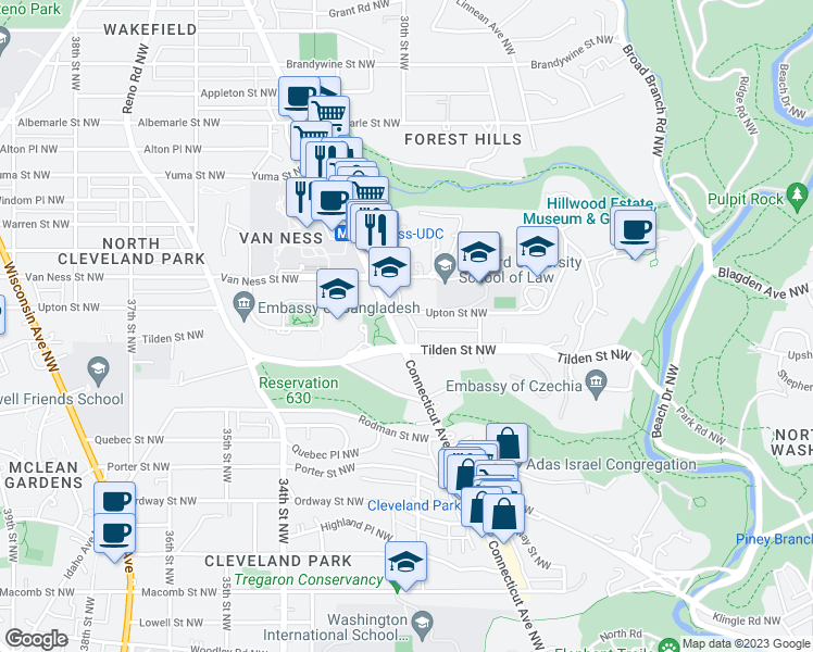 map of restaurants, bars, coffee shops, grocery stores, and more near 4025 Connecticut Avenue Northwest in Washington
