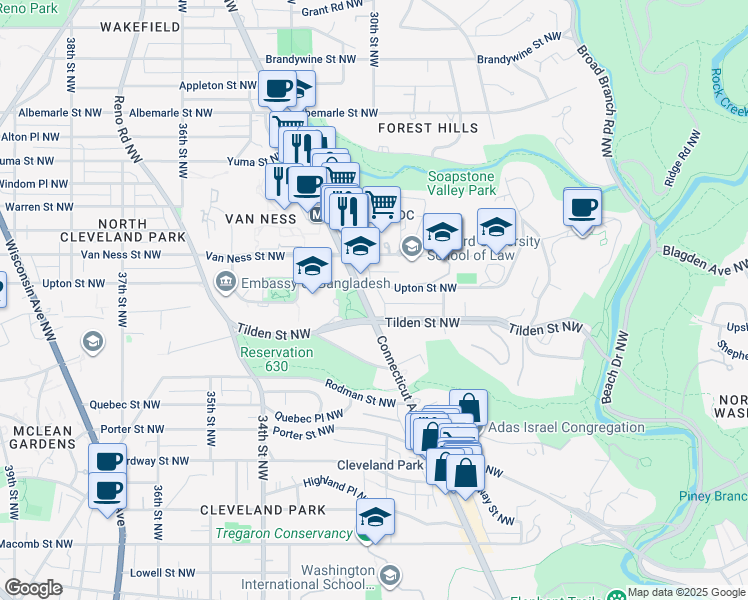 map of restaurants, bars, coffee shops, grocery stores, and more near 4025 Connecticut Avenue Northwest in Washington