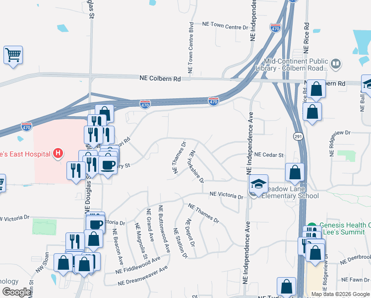 map of restaurants, bars, coffee shops, grocery stores, and more near 1616 Northeast Yorkshire Drive in Lee's Summit