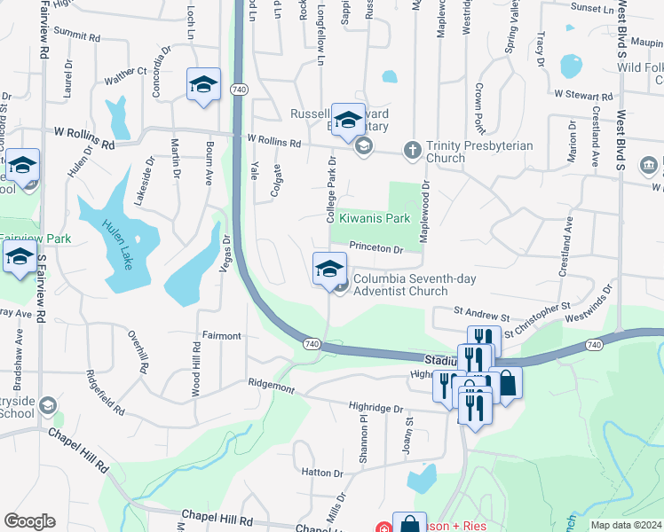 map of restaurants, bars, coffee shops, grocery stores, and more near 1012 College Park Drive in Columbia