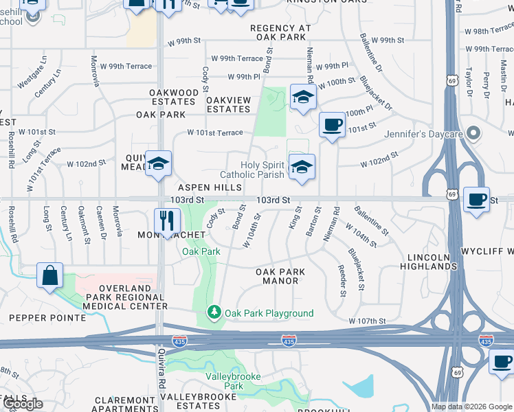 map of restaurants, bars, coffee shops, grocery stores, and more near 11408 W 104th St in Overland Park
