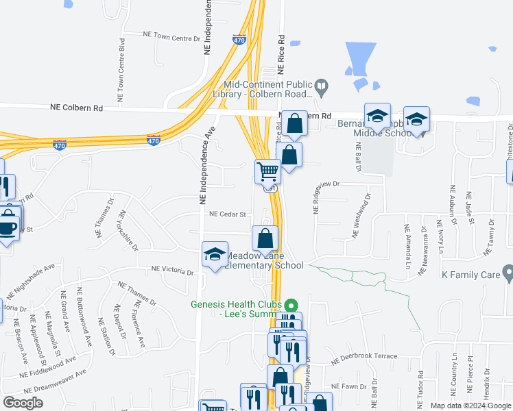 map of restaurants, bars, coffee shops, grocery stores, and more near 1615 Northeast White Drive in Lee's Summit