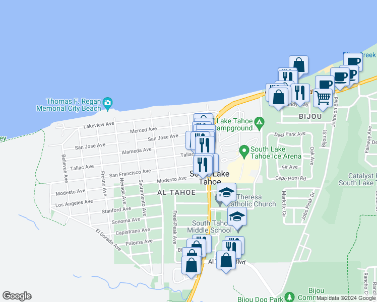 map of restaurants, bars, coffee shops, grocery stores, and more near 957 Tallac Avenue in South Lake Tahoe