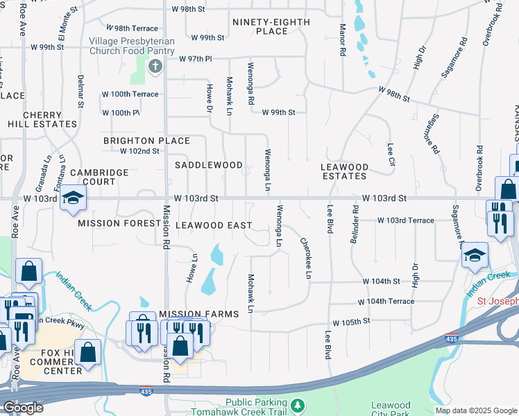map of restaurants, bars, coffee shops, grocery stores, and more near 3411 West 103rd Street in Leawood