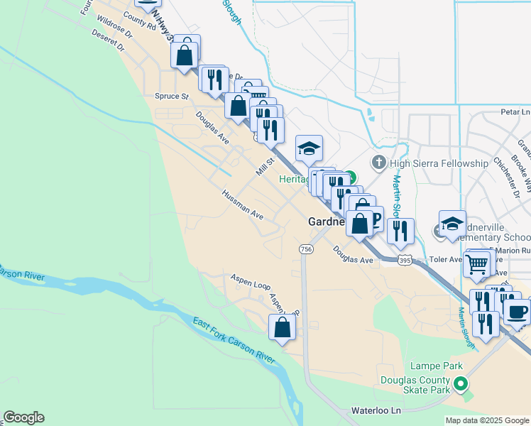 map of restaurants, bars, coffee shops, grocery stores, and more near 1475 Hussman Avenue in Gardnerville