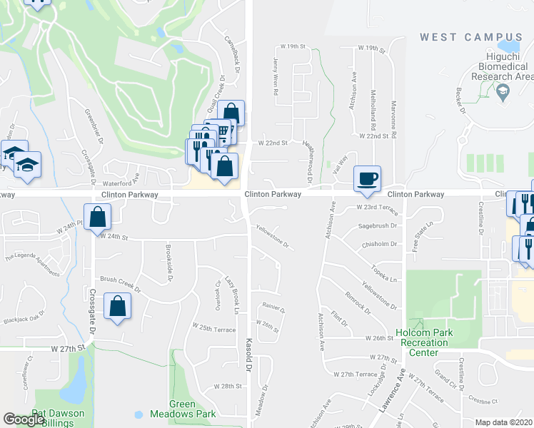 map of restaurants, bars, coffee shops, grocery stores, and more near 3301 Clinton Parkway Court in Lawrence
