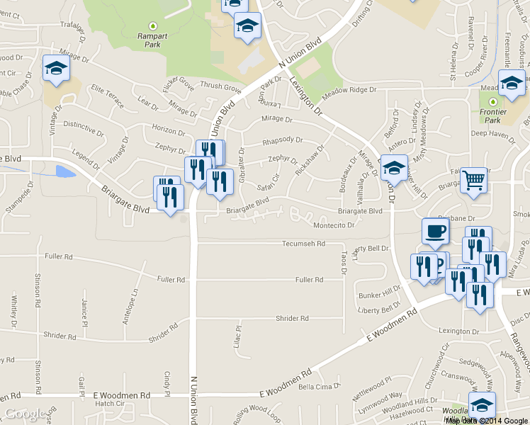 map of restaurants, bars, coffee shops, grocery stores, and more near 7488 Alameda Court in Colorado Springs