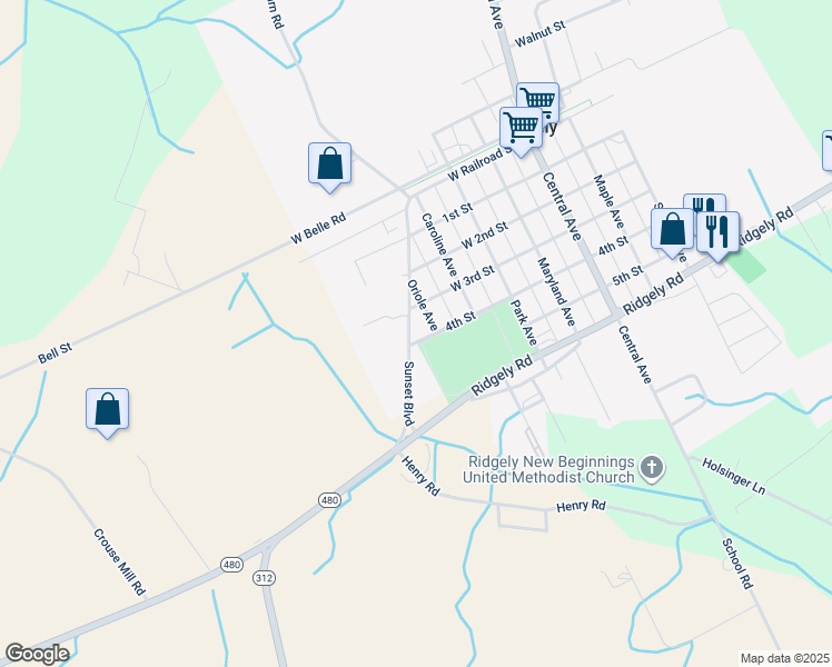 map of restaurants, bars, coffee shops, grocery stores, and more near 401 4th Street in Ridgely