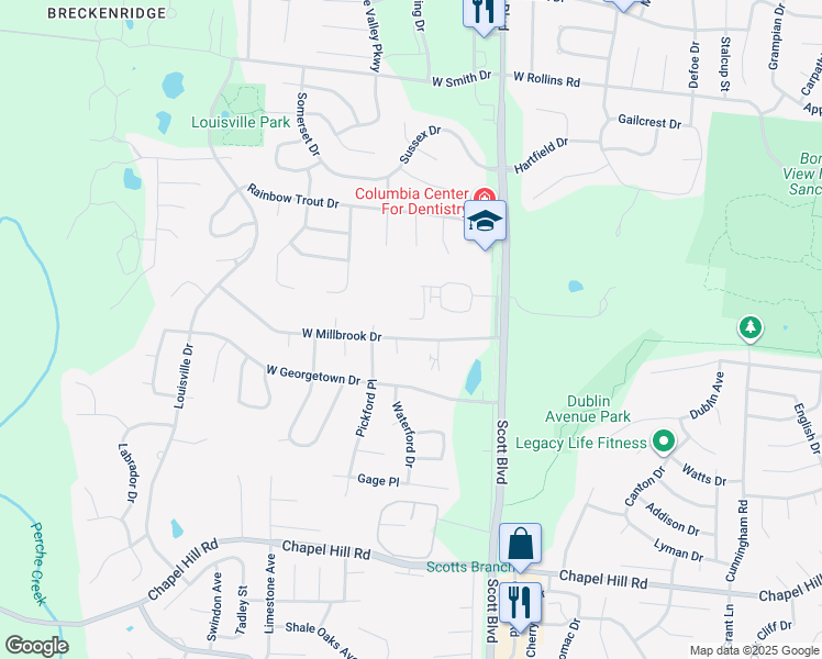 map of restaurants, bars, coffee shops, grocery stores, and more near 4361 West Millbrook Drive in Columbia