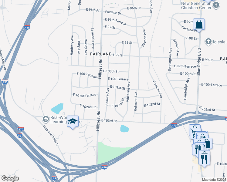 map of restaurants, bars, coffee shops, grocery stores, and more near 10107 Bellaire Avenue in Kansas City