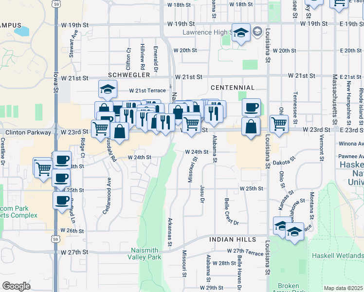 map of restaurants, bars, coffee shops, grocery stores, and more near 1110 West 24th Street in Lawrence