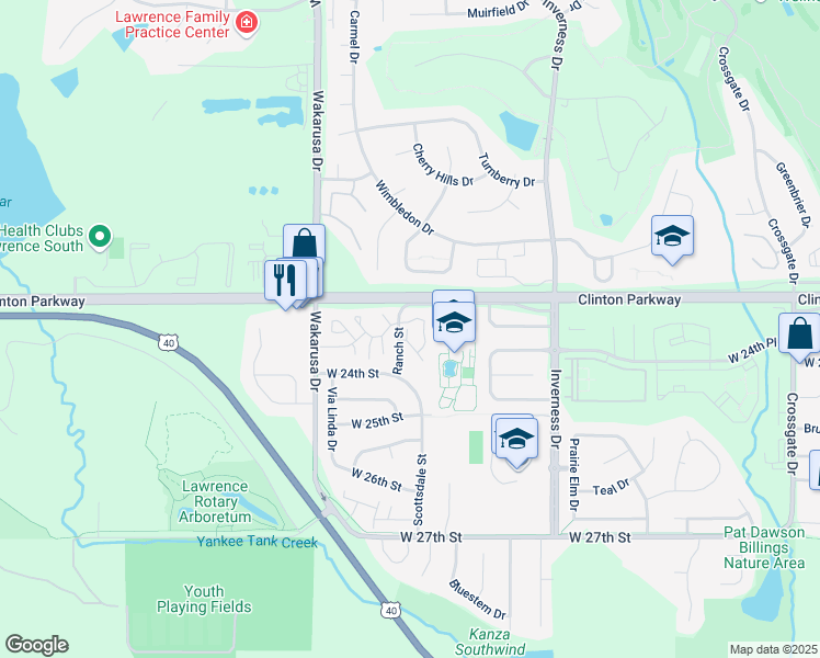 map of restaurants, bars, coffee shops, grocery stores, and more near 4720 Ranch Court in Lawrence
