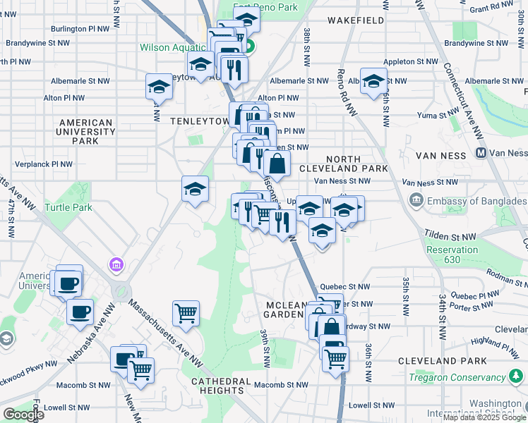 map of restaurants, bars, coffee shops, grocery stores, and more near 4000 Wisconsin Avenue Northwest in Washington