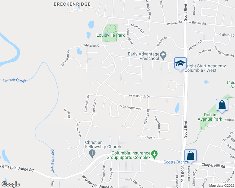 map of restaurants, bars, coffee shops, grocery stores, and more near 4930 West Millbrook Drive in Columbia