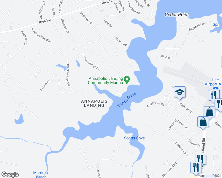 map of restaurants, bars, coffee shops, grocery stores, and more near 340 Derbyshire Lane in Riva