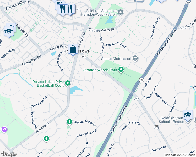 map of restaurants, bars, coffee shops, grocery stores, and more near 12794 Thacker Hill Court in Herndon