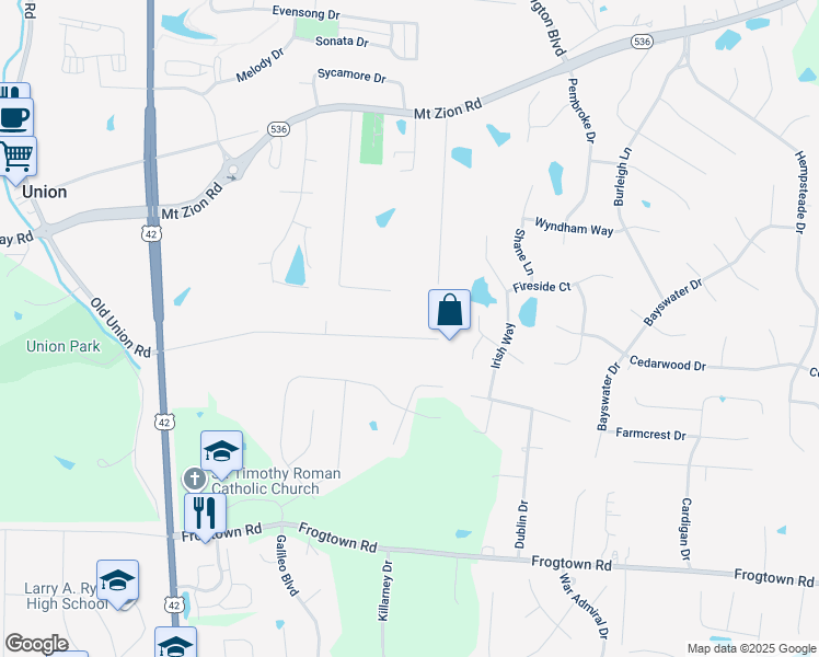map of restaurants, bars, coffee shops, grocery stores, and more near 1806 Whispering Trail in Union