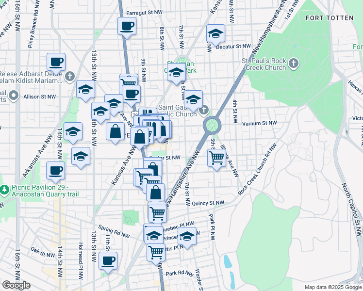 map of restaurants, bars, coffee shops, grocery stores, and more near 4138 7th Street Northwest in Washington