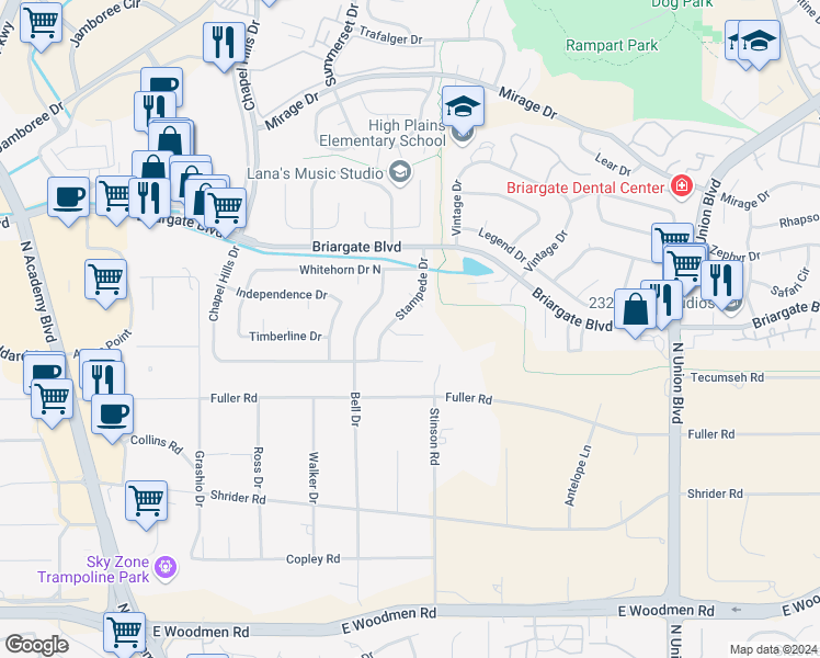 map of restaurants, bars, coffee shops, grocery stores, and more near 2130 Berthoud Court in Colorado Springs