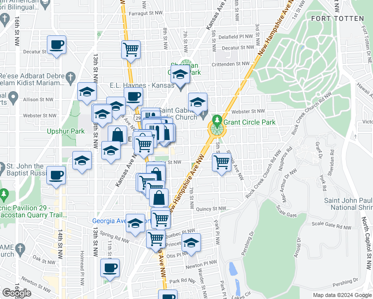 map of restaurants, bars, coffee shops, grocery stores, and more near 4138 7th Street Northwest in Washington