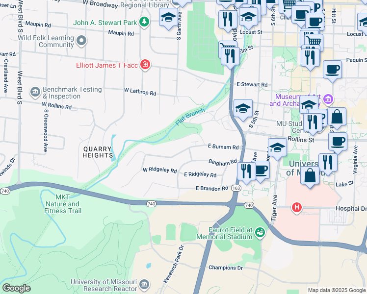 map of restaurants, bars, coffee shops, grocery stores, and more near 5 E Burnam Rd in Columbia