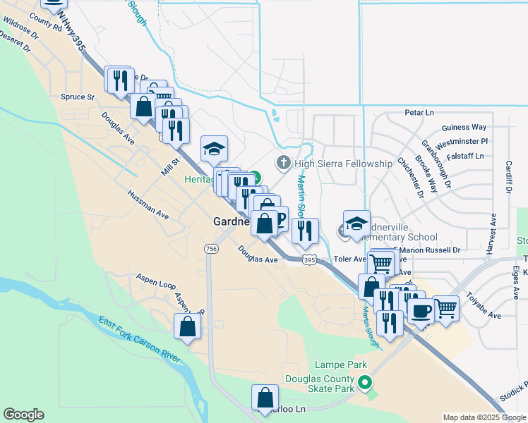 map of restaurants, bars, coffee shops, grocery stores, and more near 1440 Courthouse Alley in Gardnerville