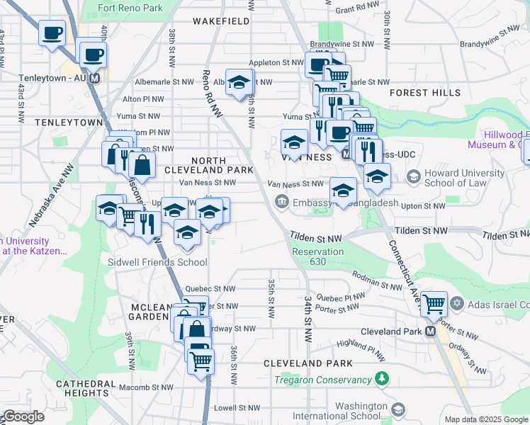 map of restaurants, bars, coffee shops, grocery stores, and more near 4010 Reno Road Northwest in Washington