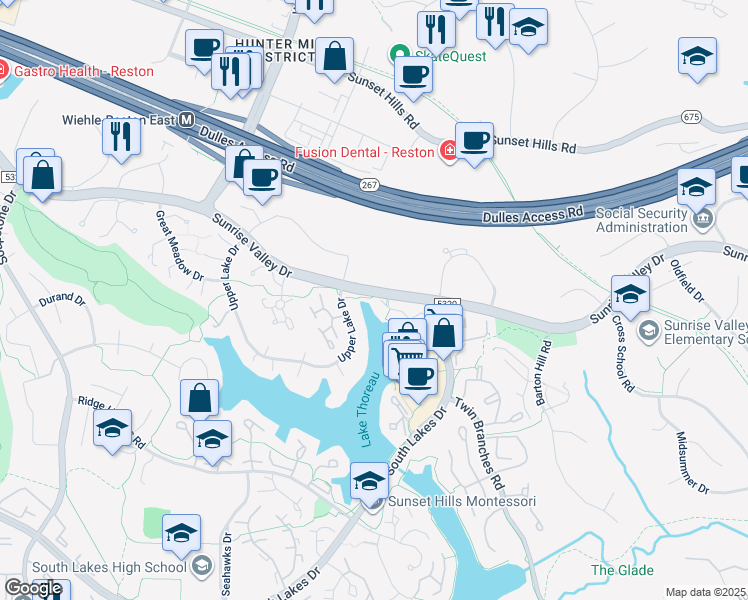 map of restaurants, bars, coffee shops, grocery stores, and more near 1907 Lakeport Way in Reston