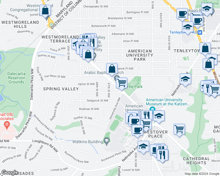 map of restaurants, bars, coffee shops, grocery stores, and more near 4013 47th Street Northwest in Washington