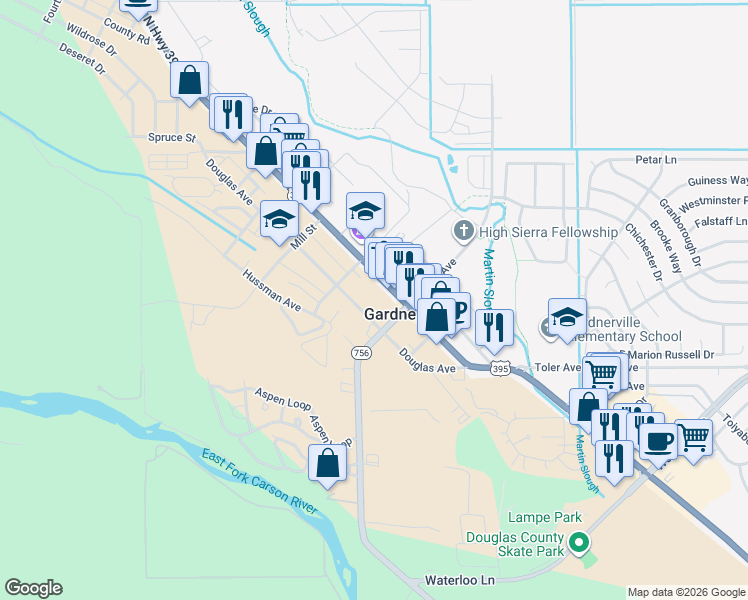 map of restaurants, bars, coffee shops, grocery stores, and more near 1218 Gilman Avenue in Gardnerville