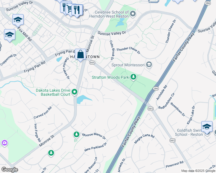 map of restaurants, bars, coffee shops, grocery stores, and more near 12794 Thacker Hill Court in Herndon