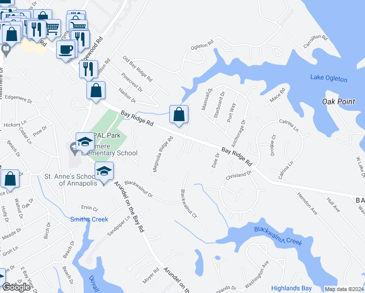 map of restaurants, bars, coffee shops, grocery stores, and more near 1131 Bay Ridge Road in Annapolis