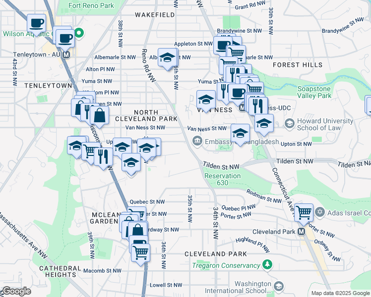 map of restaurants, bars, coffee shops, grocery stores, and more near 4010 Reno Road Northwest in Washington