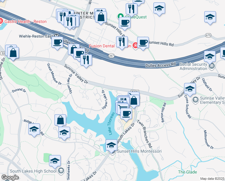 map of restaurants, bars, coffee shops, grocery stores, and more near 1907 Lakeport Way in Reston