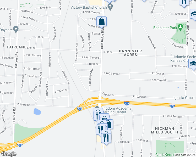 map of restaurants, bars, coffee shops, grocery stores, and more near 10100 Blue Ridge Boulevard in Kansas City