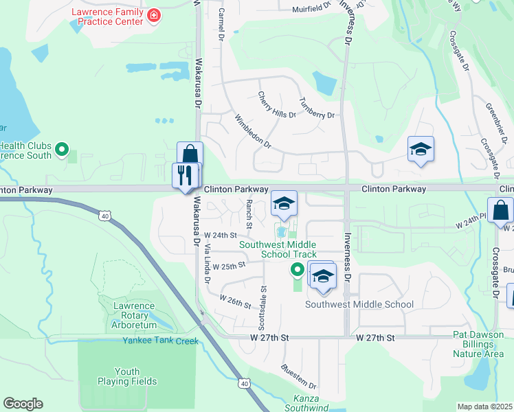 map of restaurants, bars, coffee shops, grocery stores, and more near 2301 Ranch Way in Lawrence
