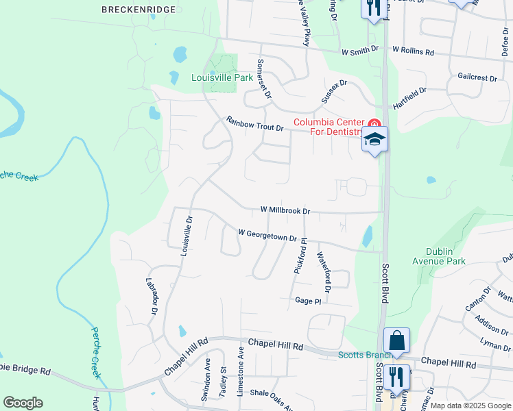 map of restaurants, bars, coffee shops, grocery stores, and more near 4903 West Millbrook Drive in Columbia